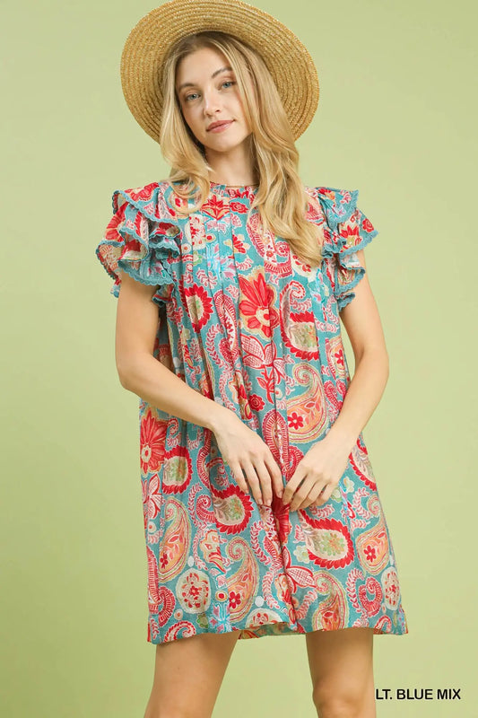 Ruffle Sleeve Paisley Print Dress