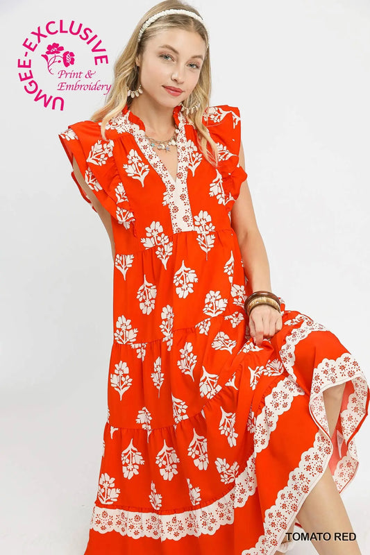 Tiered Ruffle Sleeve Midi Dress