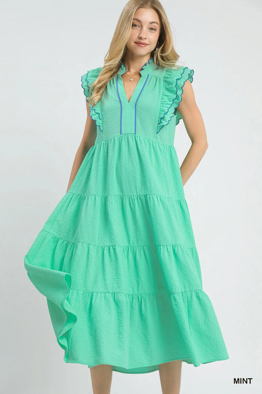 Seersucker Ruffle Sleeve Tiered Midi Dress