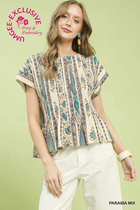Linen Printed Cap Sleeve Top