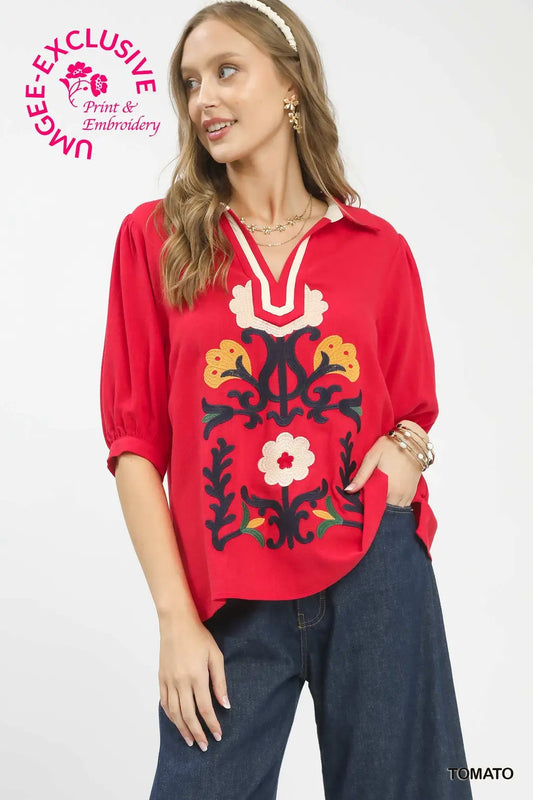 Mixed Media V-Neck Print Top