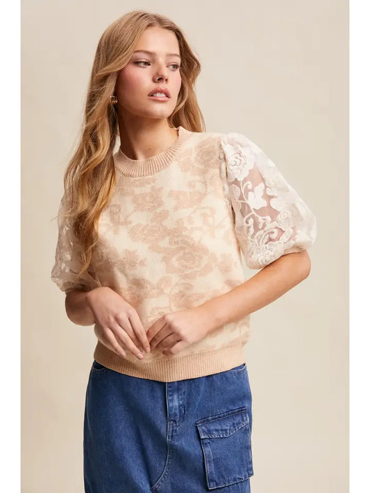 Rose Embroidered Contrast Knit Top
