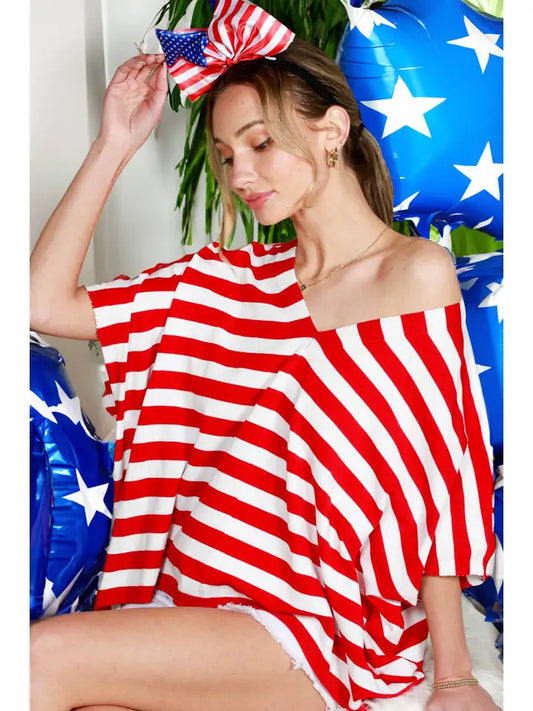 4th of July V-Neck Oversized Striped Sweater Top