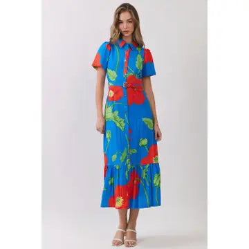 BLUE FLORAL BUTTO DOW BELTED MIDI DRESS