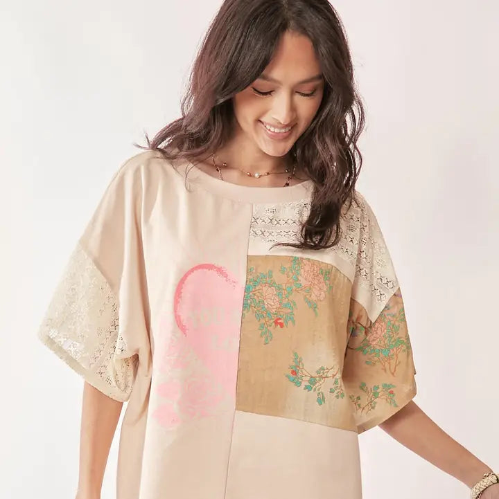 Patch Work Multi Fabric Bodice Short Sleeve Top