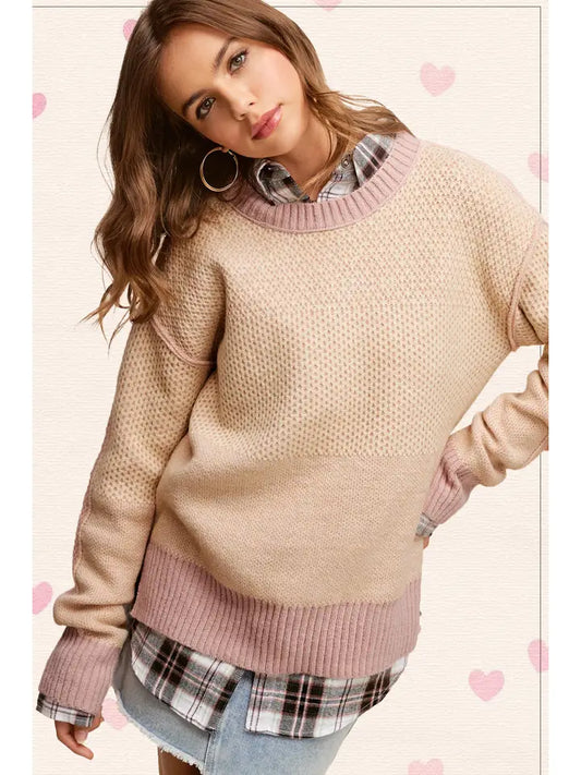 Loose Fit Color Block Round Neck Sweater