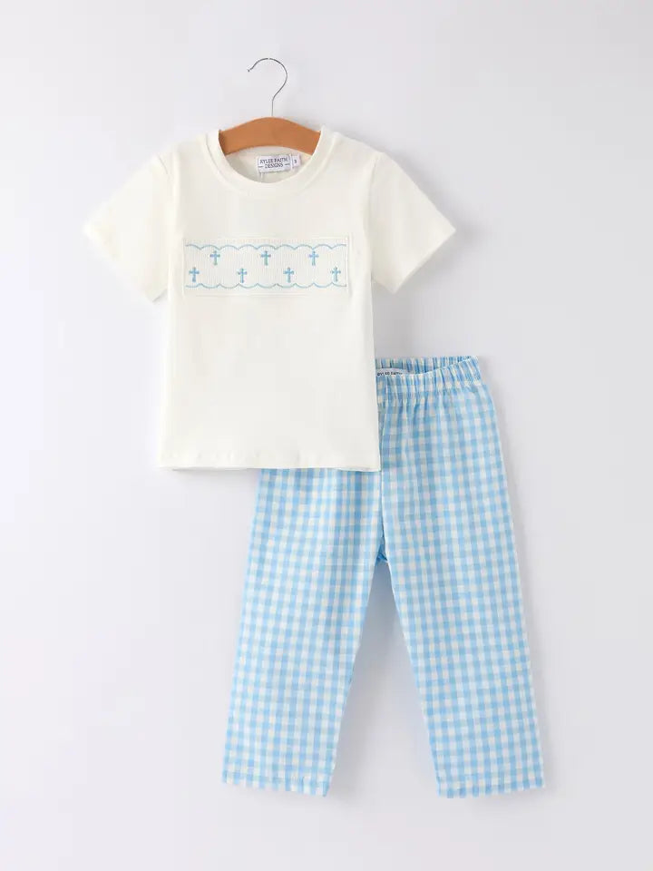 Blue Smocked Church Toddler Boys set