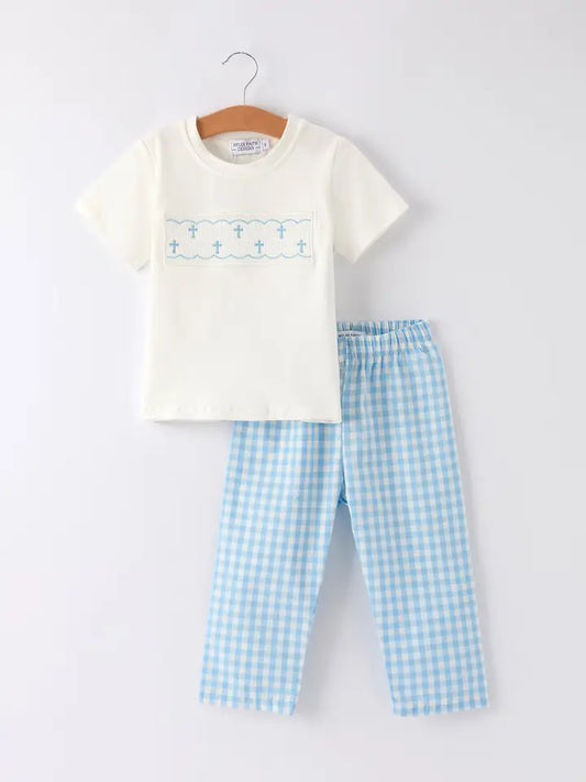 Blue Smocked Church Toddler Boys set