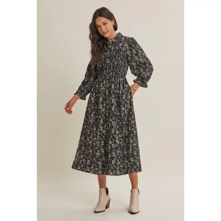 Floral Smocked Shirt Midi Dress