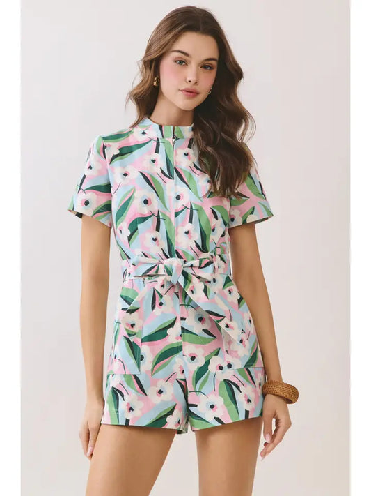 Floral Print Front Zipper Up Belted Romper