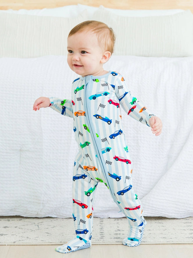 RuggedButts - Softsnooze™ Baby Bamboo Viscose Let's Roll Racecars Footed One Piece Pajama