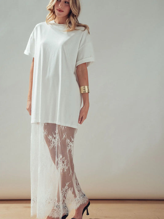 Mixed-Media T-Shirt Dress with Sheer Lace Skirt