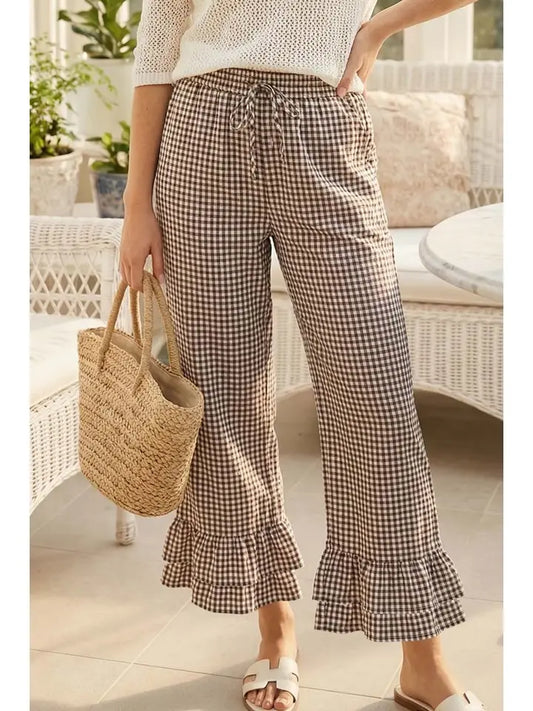Gingham Casual Ruffled Cotton Cropped Pants