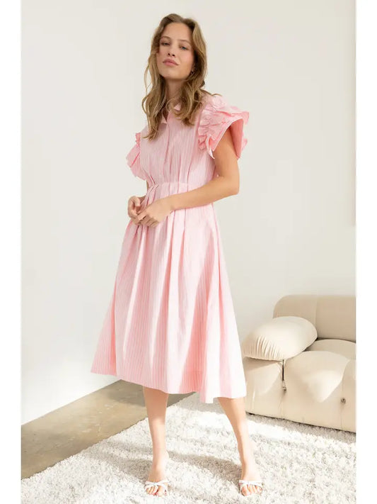 Button-Down Ruffle Sleeve Midi Dress