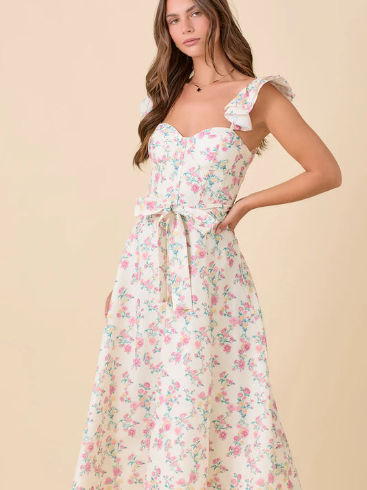 Floral Printed Ruffle Sleeve Midi Dress