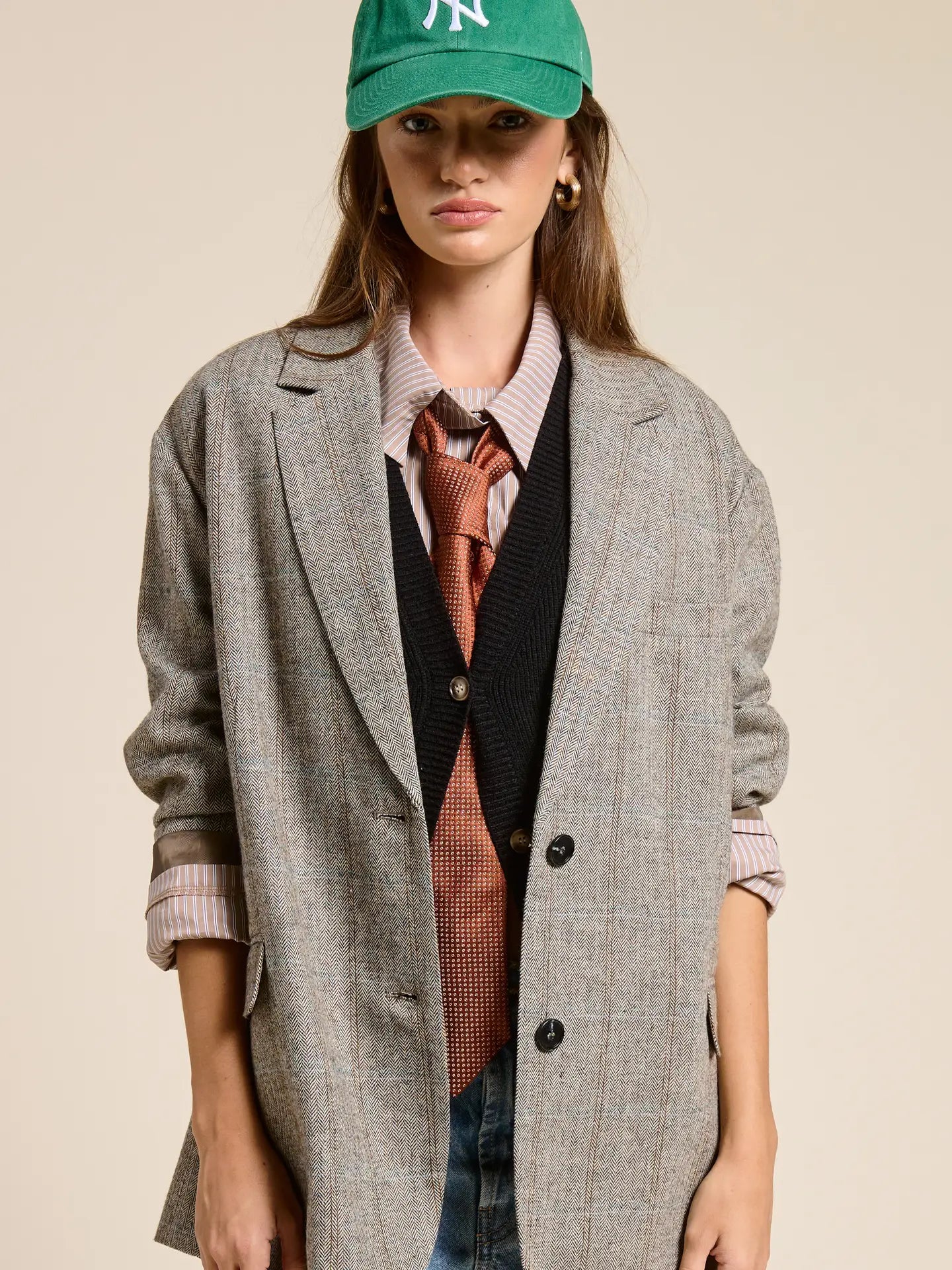 Plaid Herringbone Oversized Boyfriend Blazer