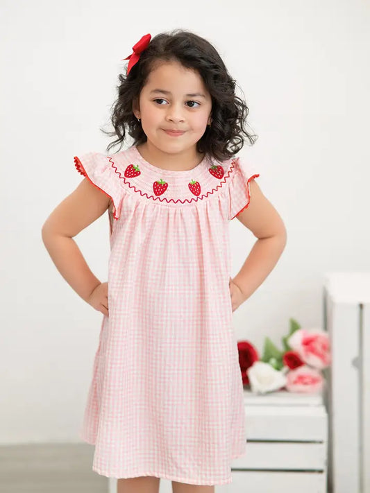 Baby Girls Strawberry Embroidered Plaid Smocked Dress
