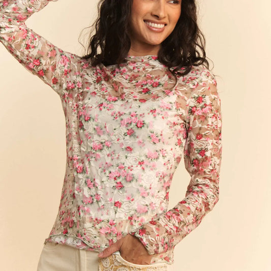 Floral Print Mesh Long Sleeve Layering Top