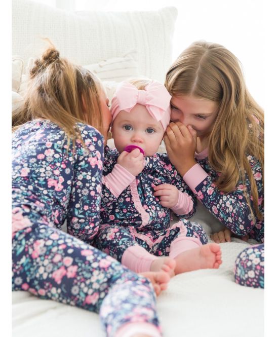 RuffleButts - Softsnooze™ Baby Girls Bamboo Viscose Moonlit Meadow Convertible Ruffle One Piece Footie Pajama
