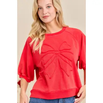 Red Bow Puff Sleeve Top