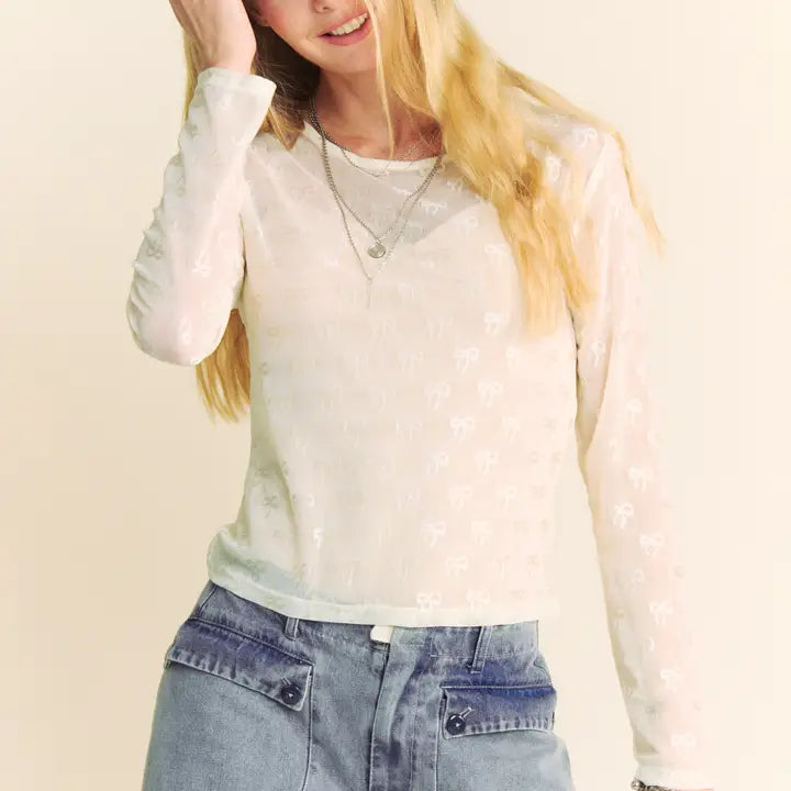 Ribbon Embroidered Long Sleeve Mesh Top