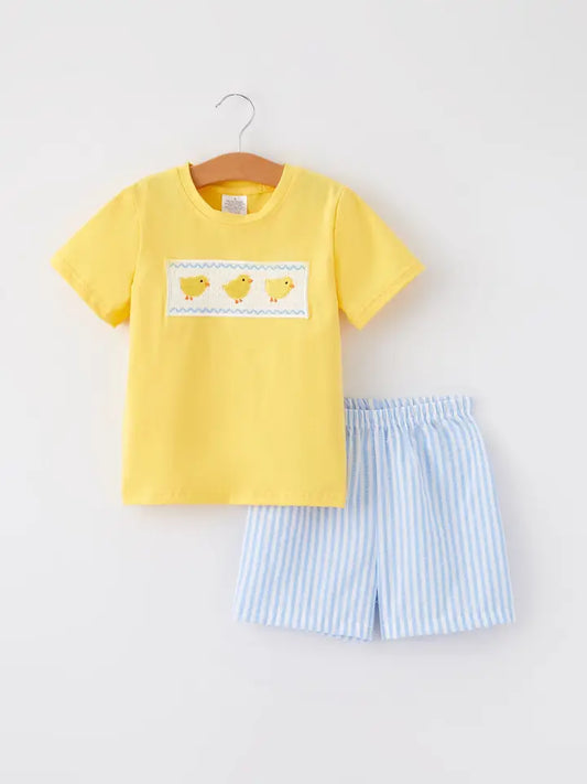 Spring and Summer Chicken Embroidery Short Sleeve Shorts Boy Set