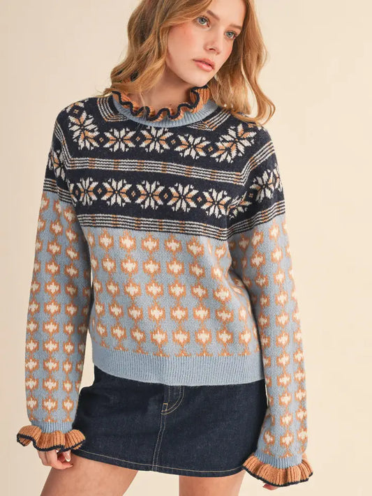 Ruffled Mock Neck Fair Isle Sweater