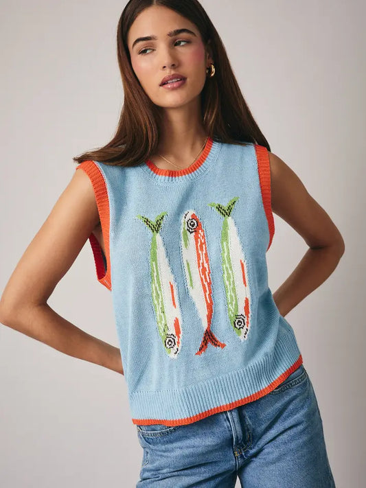 Round Neck 'fish' Graphic Sweater Vest