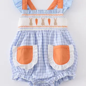 Blue Plaid Easter Rabbit Applique Ruffle Baby Romper