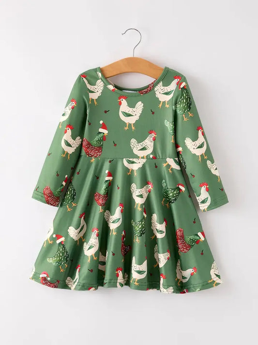 Christmas Farm Chicken Print Dress – Green, Long Sleeve