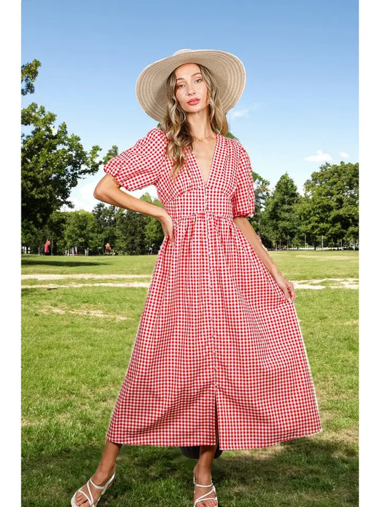 Gingham Printed 100% Cotton Midi Dress