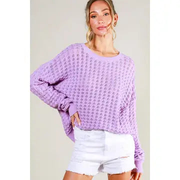 Crew Neck 100%Cotton Textured Crochet Knit Sweater