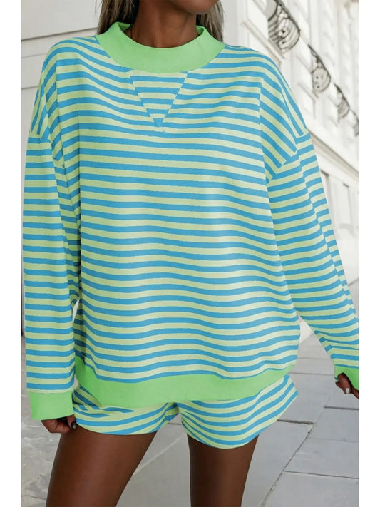 Stripe Pullover Elastic Waist Shorts 2pcs Set