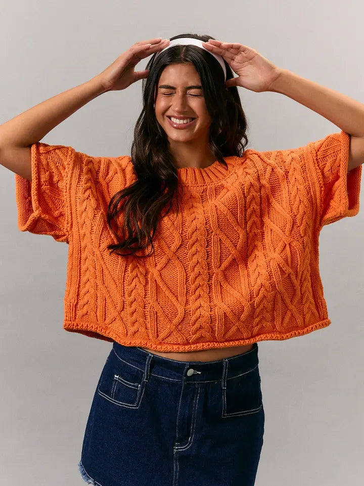 Round Neck Short Sleeve Knit Sweater Top