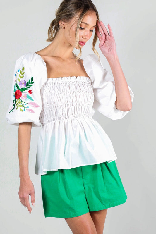 Floral Embroidered Puff Sleeve Blouse