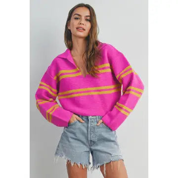 Stripe Crop Collar Sweater Top