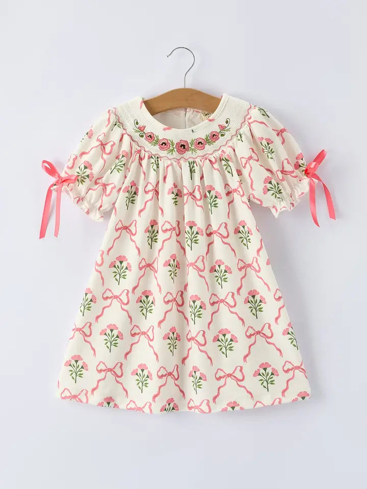 Spring Floral Smocking Embroidery Bow Girls Dress