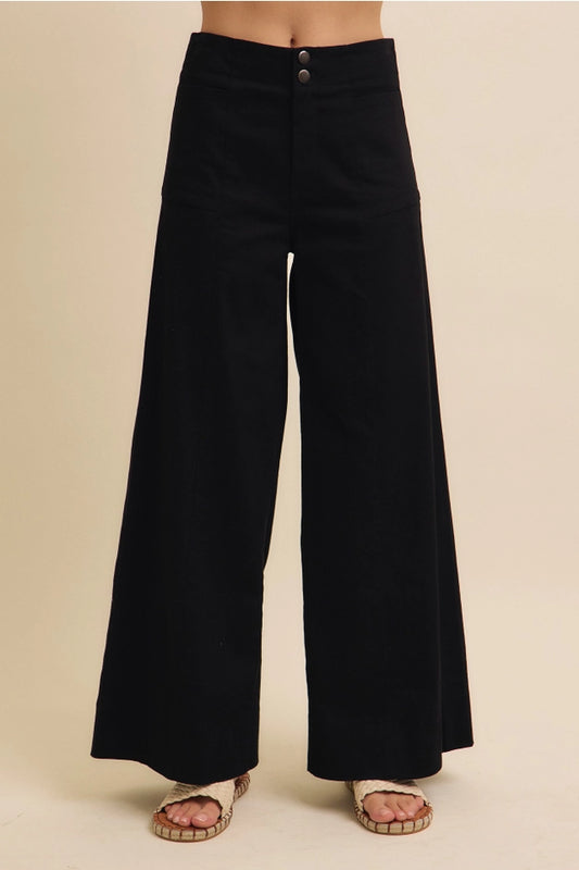 Flattering Wide Leg Full-Length Stretchy Cotton Twill Pants