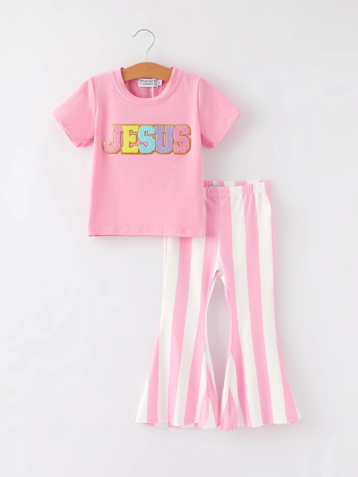 "Jesus"Girls' Applique Striped Trousers Set