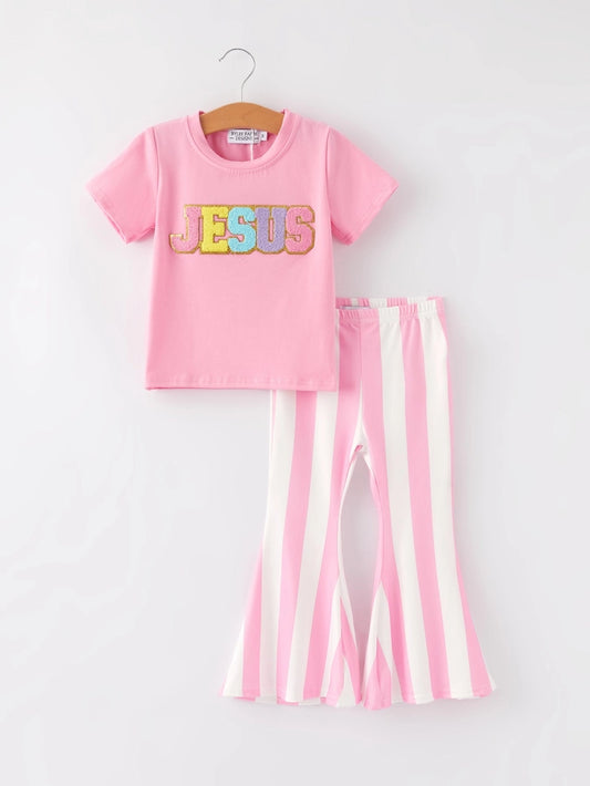 "Jesus"Girls' Applique Striped Trousers Set