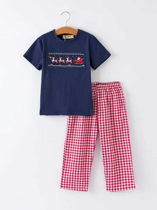 Christmas Holiday Celebration Boys Set: Navy with Santa Sleigh