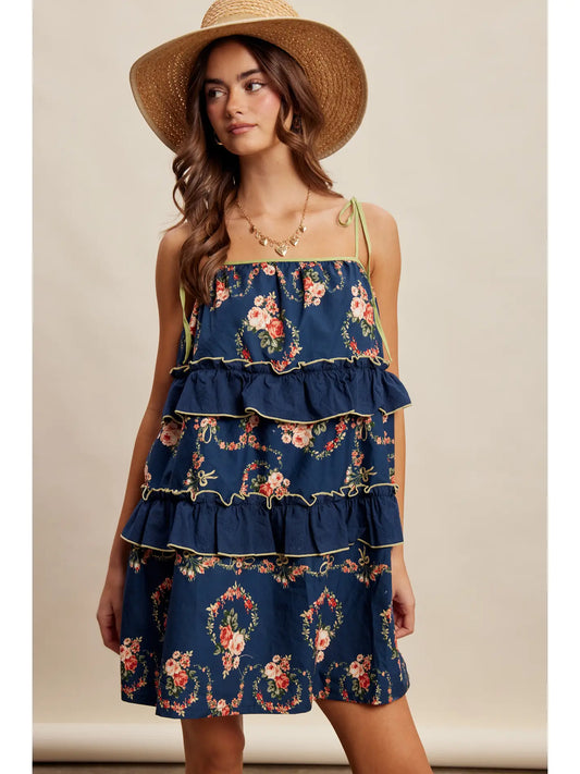 Floral Tiered Tie-Strap Mini Dress