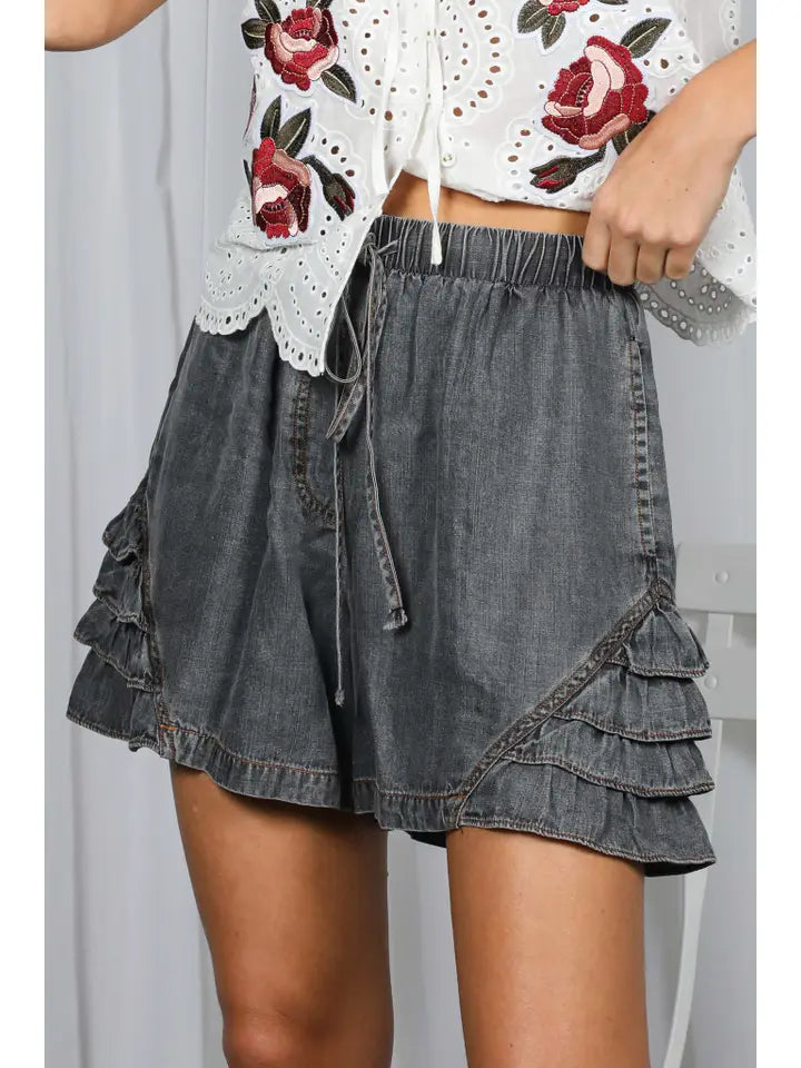 Ruffle Accent Denim Shorts