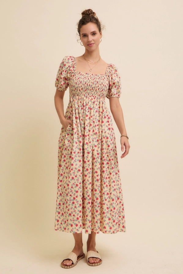 Cotton Poplin Floral Smocked Midi Dress