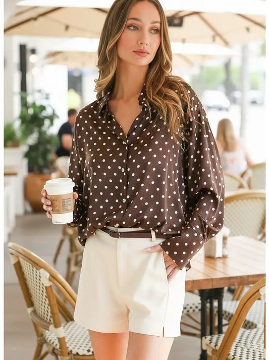 Polka Dot Collared Long-Sleeve Satin Blouse Top