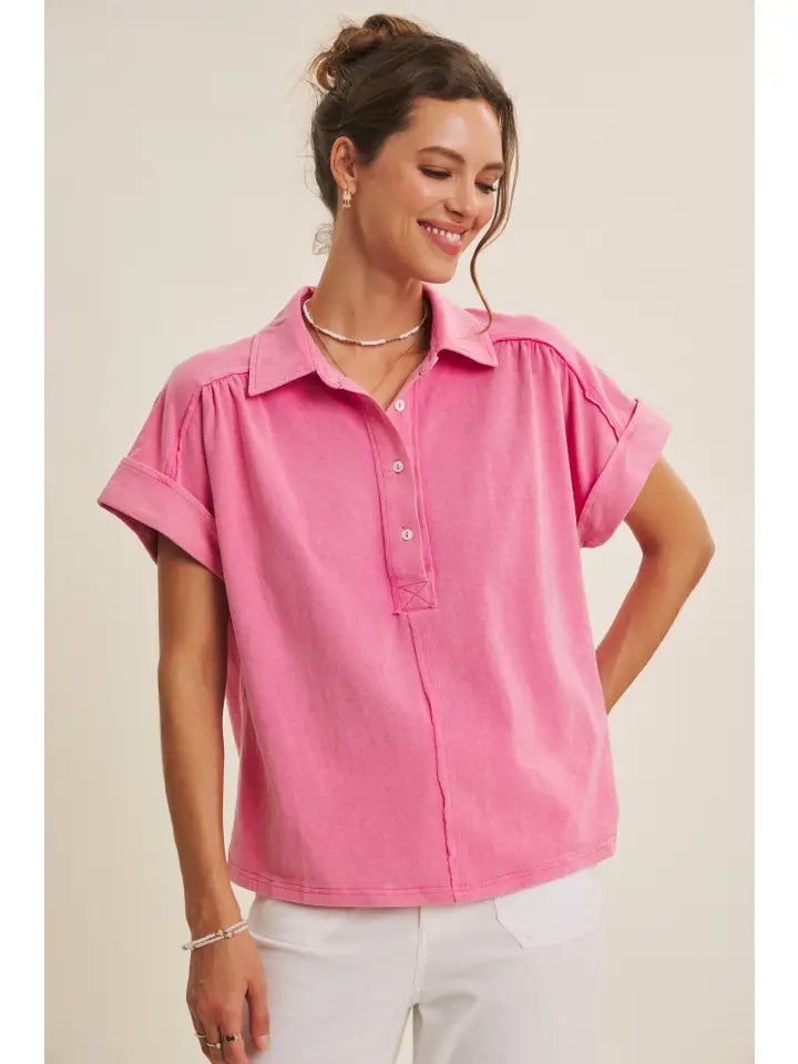 Mineral-Washed Breathable Cotton Jersey Henley Top