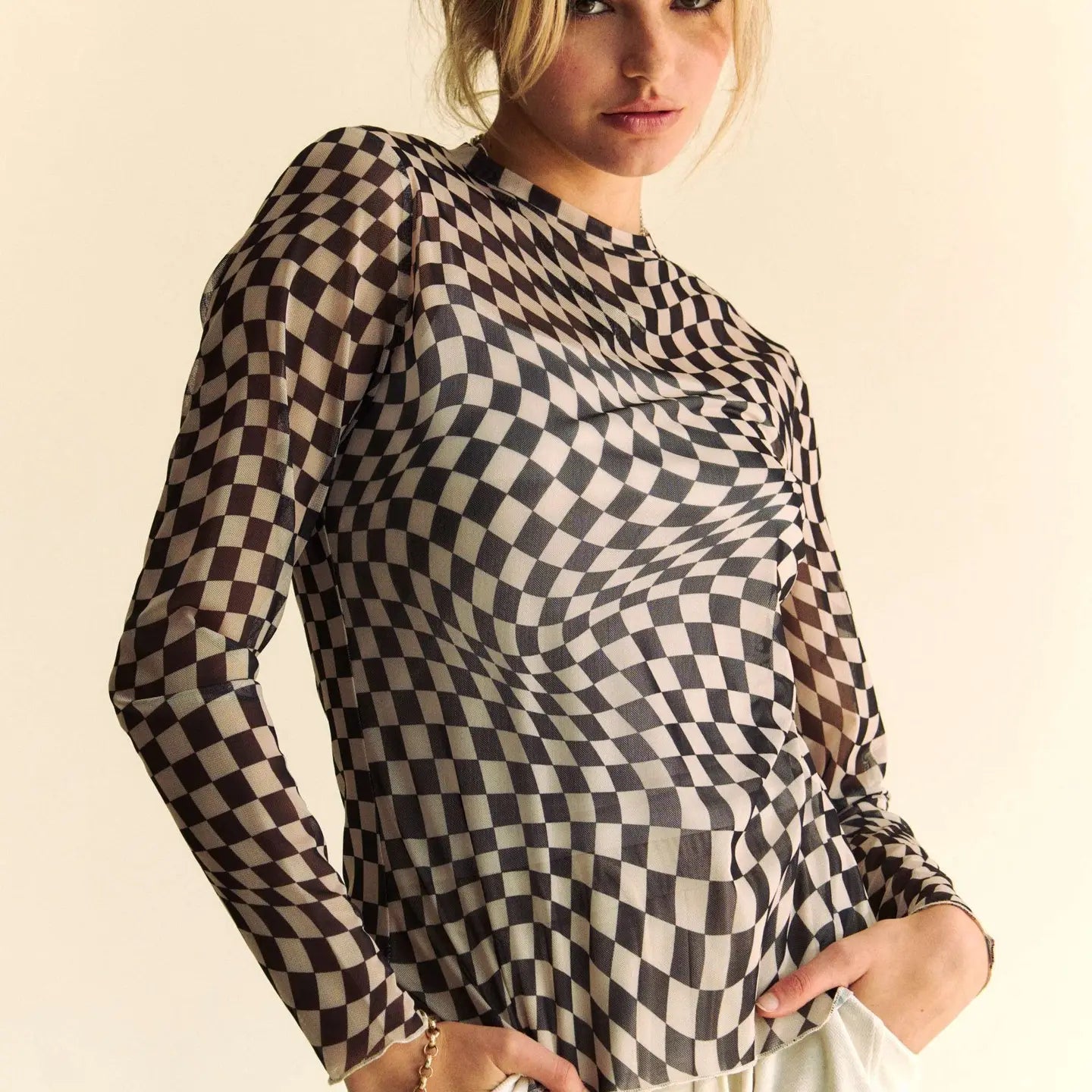 Checker Board Mesh Long Sleeve Layering Top