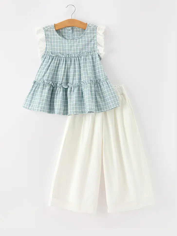 Girls Plaid Ruffle Top & Wide Leg Pants Set