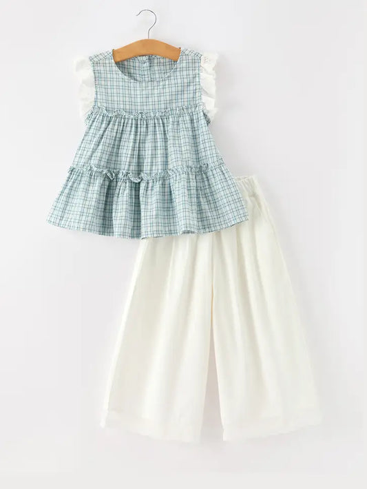 Girls Plaid Ruffle Top & Wide Leg Pants Set