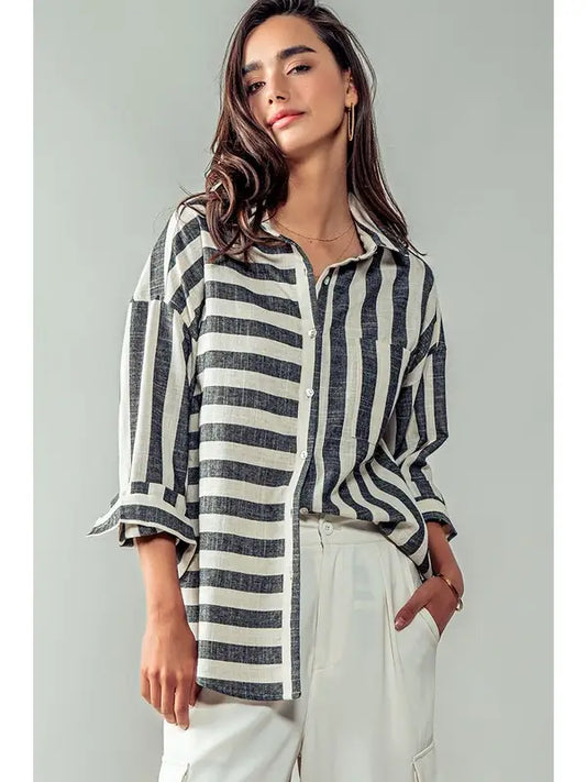 Mixed Stripe Pattern Oversized Button Down Shirt